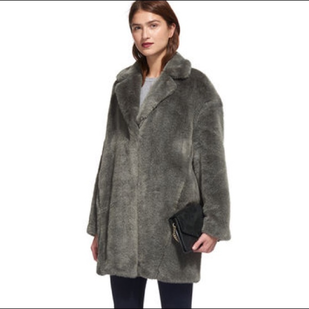 WHISTLES Faux Fur Grey Cocoon Coat